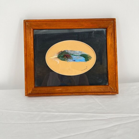 Vintage Cabin By the River Artist signed Oil‎ Painted Feather Framed - Picture 4 of 4